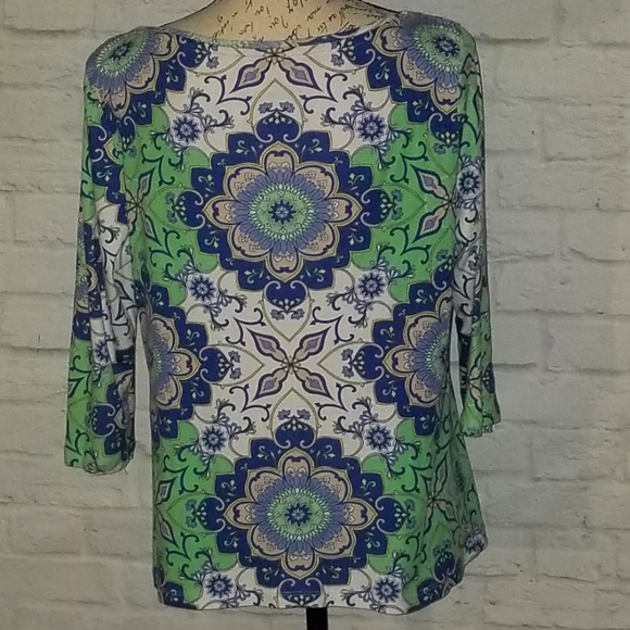 Talbots Shirt Womens Blue Green Geometric Pattern 3/4 Sleeve Pima Cotton, Size L - Picture 3 of 6